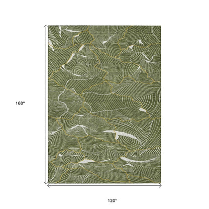 3' X 5' Olive Green Gold And Ivory Abstract Washable Indoor Outdoor Area Rug
