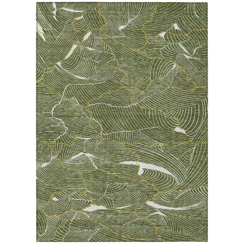 3' X 5' Olive Green Gold And Ivory Abstract Washable Indoor Outdoor Area Rug