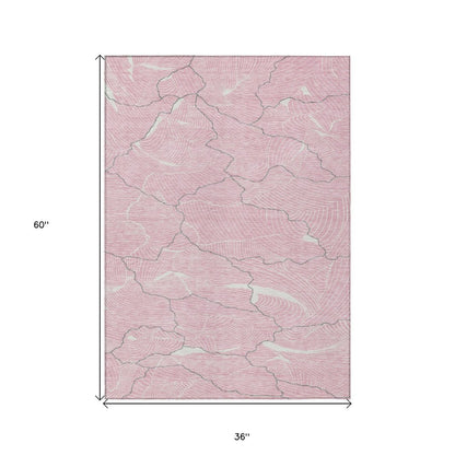 3' X 5' Pink Ivory And Gray Abstract Washable Indoor Outdoor Area Rug