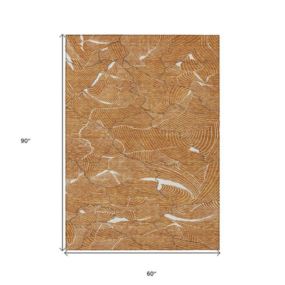 3' X 5' Copper Brown And Ivory Abstract Washable Indoor Outdoor Area Rug