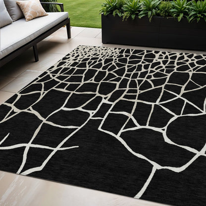 3' X 5' Black And Beige Abstract Washable Indoor Outdoor Area Rug