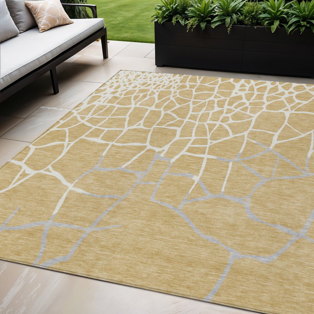 3' X 5' Gold And Beige Abstract Washable Indoor Outdoor Area Rug