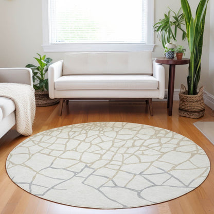 3' X 5' Ivory And Beige Abstract Washable Indoor Outdoor Area Rug
