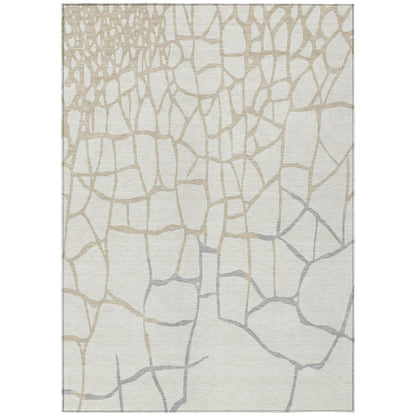 3' X 5' Ivory And Beige Abstract Washable Indoor Outdoor Area Rug