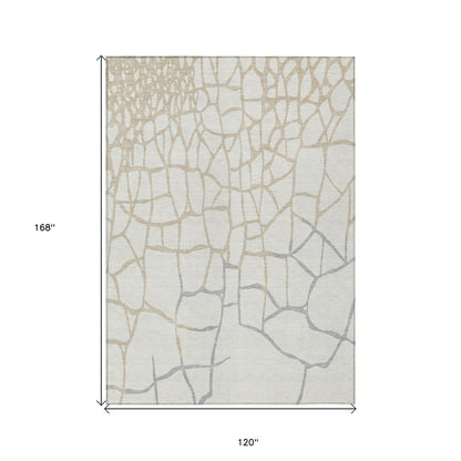 3' X 5' Ivory And Beige Abstract Washable Indoor Outdoor Area Rug