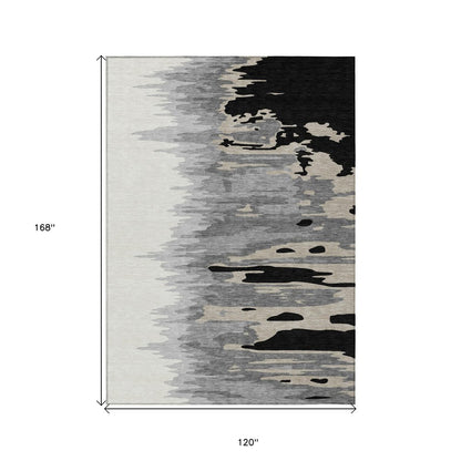 3' X 5' Black Gray And Ivory Abstract Washable Indoor Outdoor Area Rug