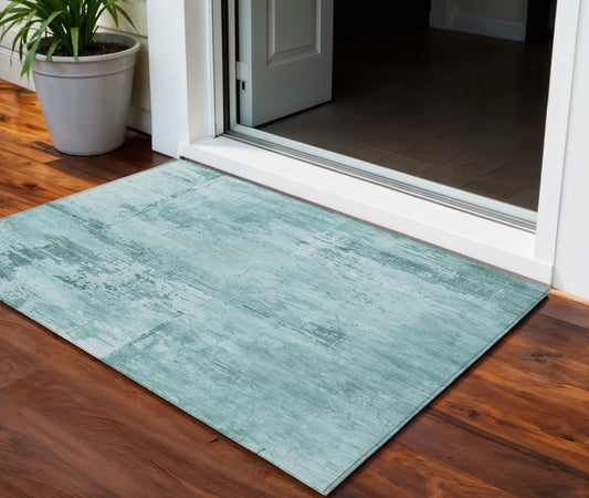 3' X 5' Teal Blue And Ivory Abstract Washable Indoor Outdoor Area Rug