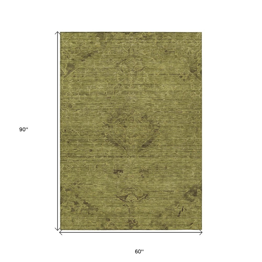 3' X 5' Olive Green And Brown Floral Washable Indoor Outdoor Area Rug