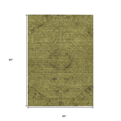 3' X 5' Olive Green And Brown Floral Washable Indoor Outdoor Area Rug