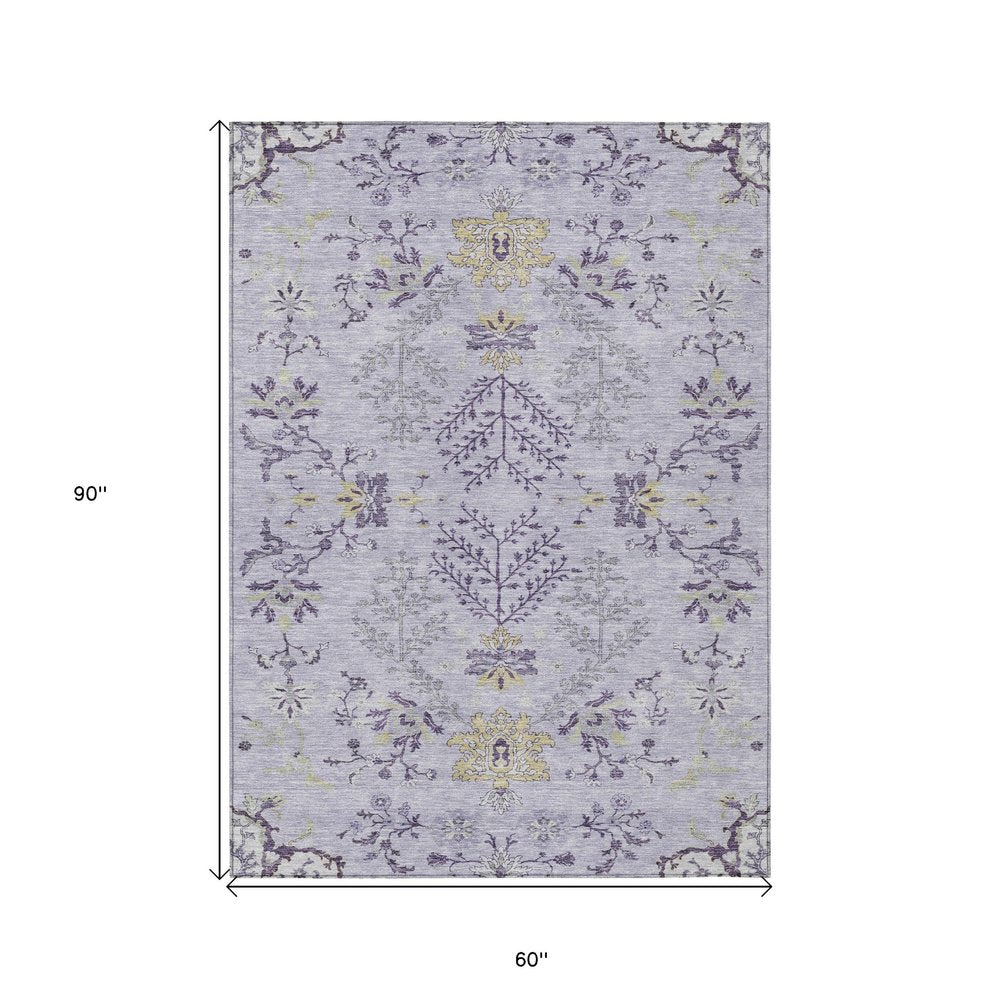 5' X 8' Lavender Purple And Gray Floral Washable Indoor Outdoor Area Rug