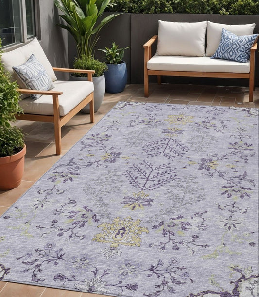 5' X 8' Lavender Purple And Gray Floral Washable Indoor Outdoor Area Rug