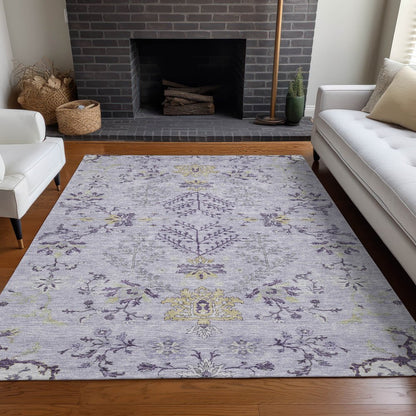 5' X 8' Lavender Purple And Gray Floral Washable Indoor Outdoor Area Rug