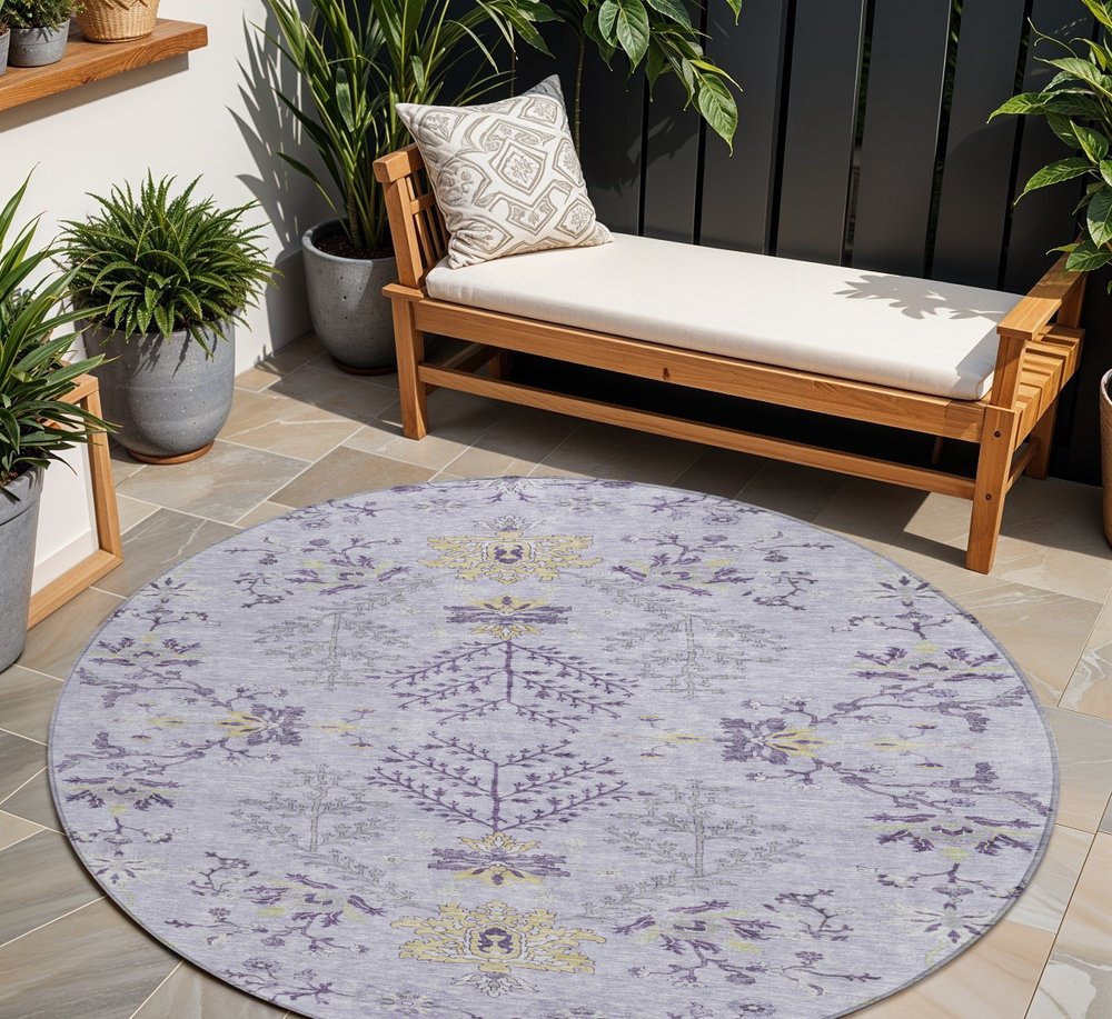 5' X 8' Lavender Purple And Gray Floral Washable Indoor Outdoor Area Rug