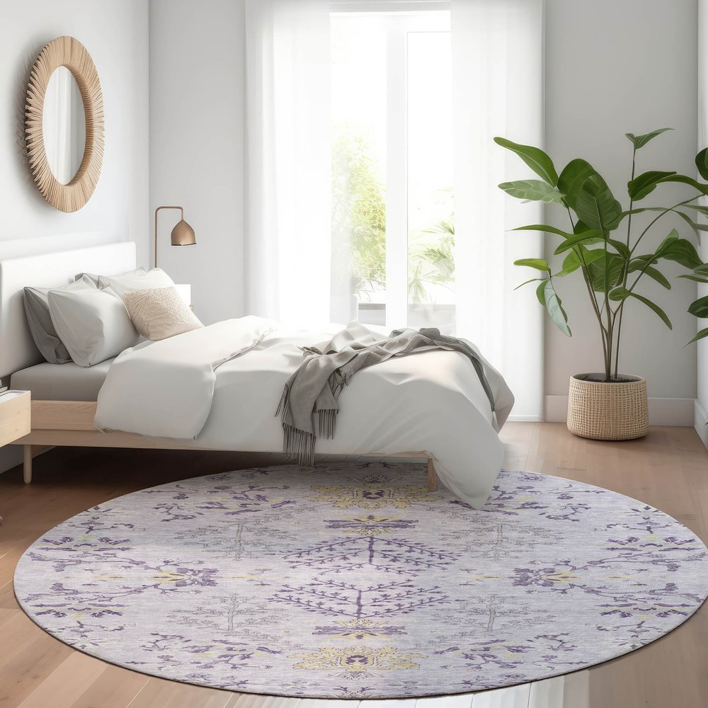5' X 8' Lavender Purple And Gray Floral Washable Indoor Outdoor Area Rug