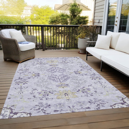 5' X 8' Lavender Purple And Gray Floral Washable Indoor Outdoor Area Rug