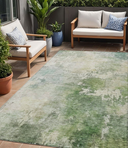 3' X 5' Artichoke Green And Ivory Abstract Washable Indoor Outdoor Area Rug