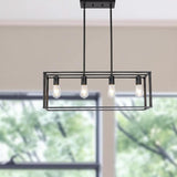 Black Metal Four Light Caged Rectangular Hanging Pendent Light