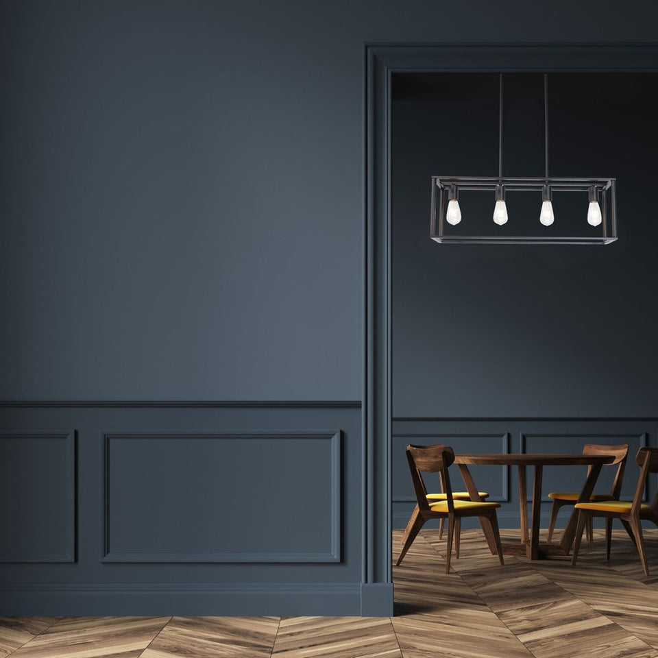 Black Metal Four Light Caged Rectangular Hanging Pendent Light