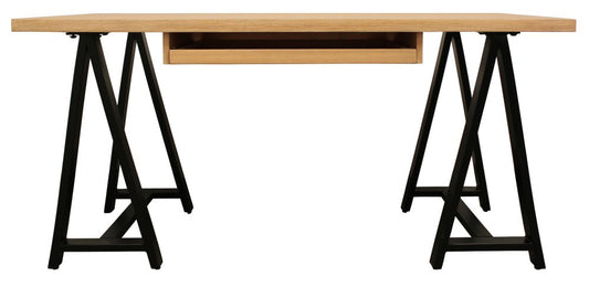 60" Natural and Black Solid Wood and Metal Trestle Executive Desk