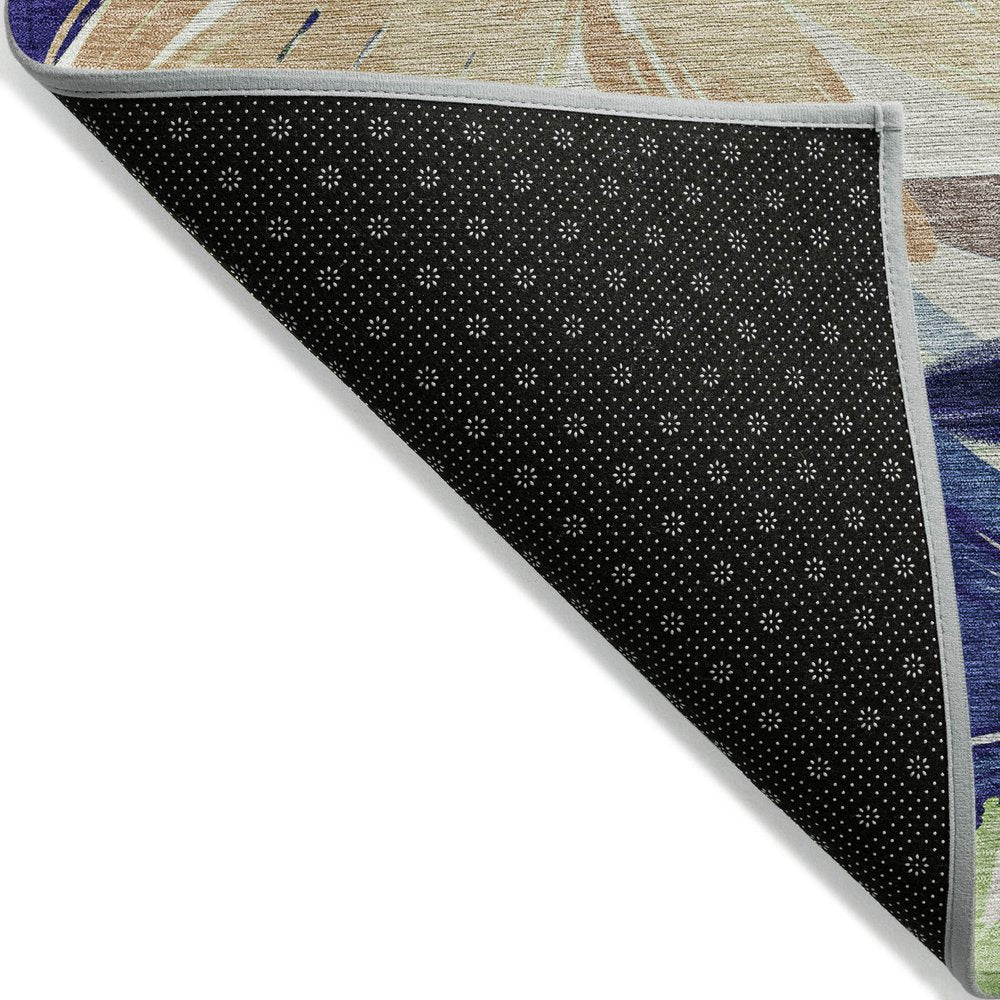 8' X 10' Navy Blue And Beige Floral Washable Indoor Outdoor Area Rug