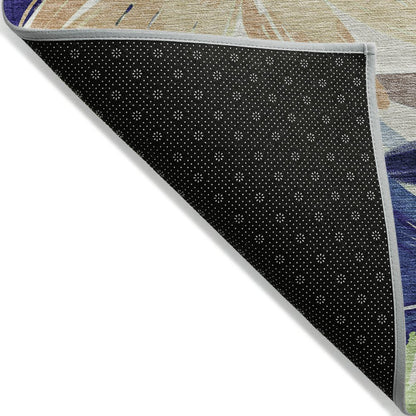8' X 10' Navy Blue And Beige Floral Washable Indoor Outdoor Area Rug