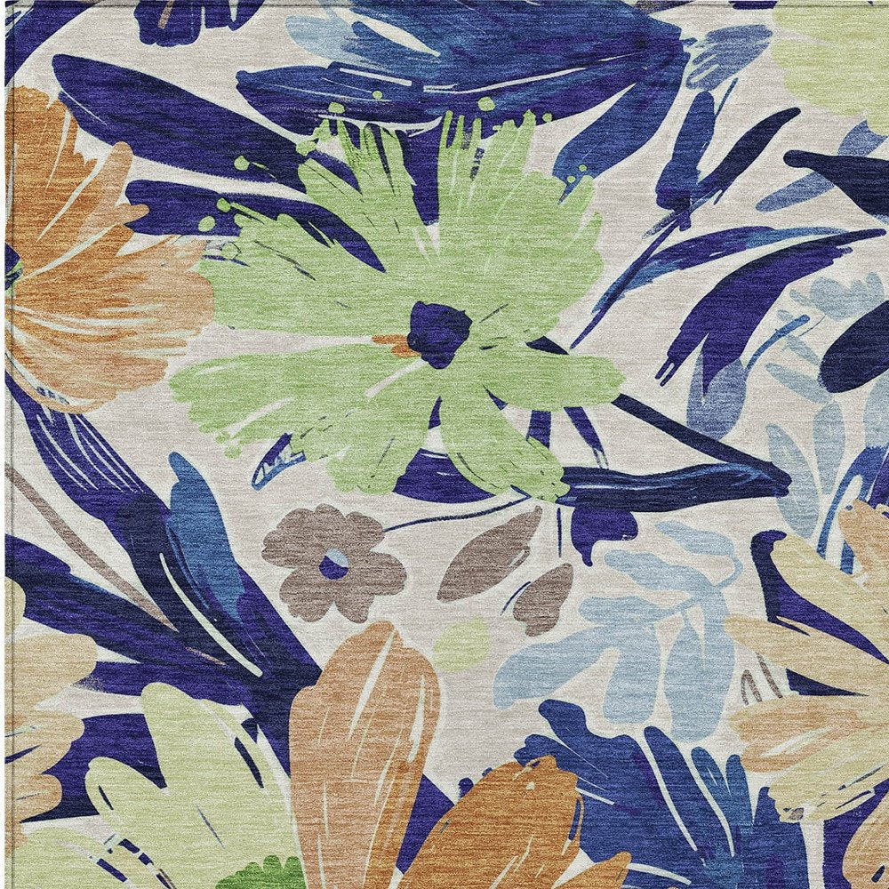 8' X 10' Navy Blue And Beige Floral Washable Indoor Outdoor Area Rug