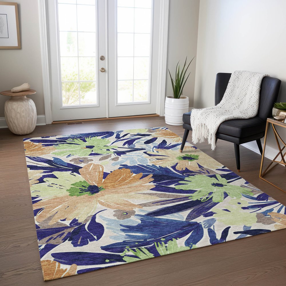 8' X 10' Navy Blue And Beige Floral Washable Indoor Outdoor Area Rug