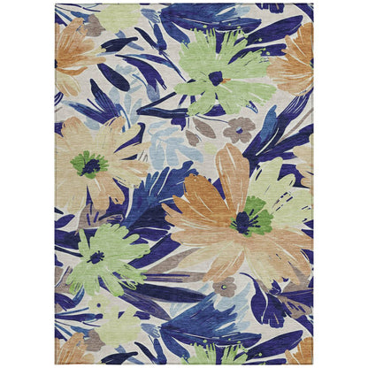 8' X 10' Navy Blue And Beige Floral Washable Indoor Outdoor Area Rug