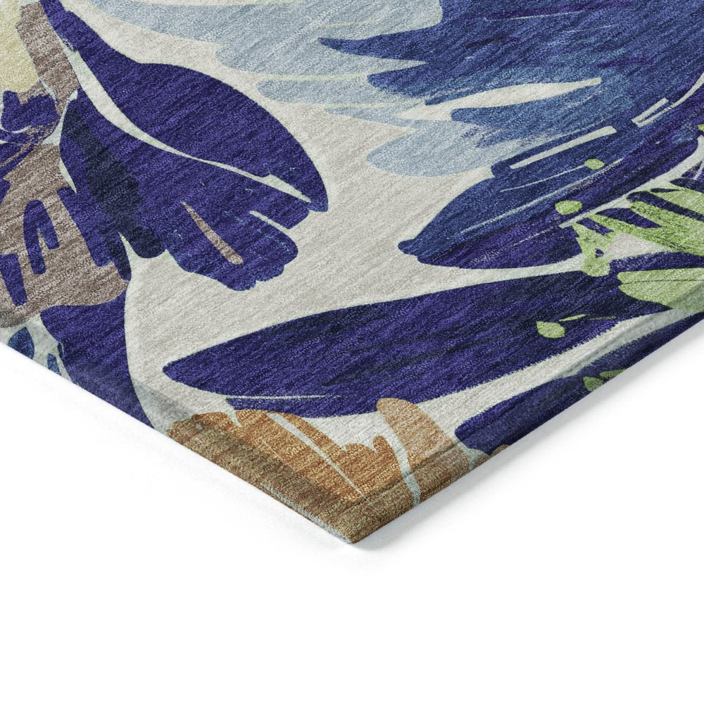8' X 10' Navy Blue And Beige Floral Washable Indoor Outdoor Area Rug