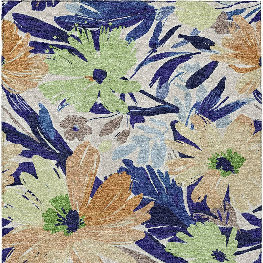 8' X 10' Navy Blue And Beige Floral Washable Indoor Outdoor Area Rug
