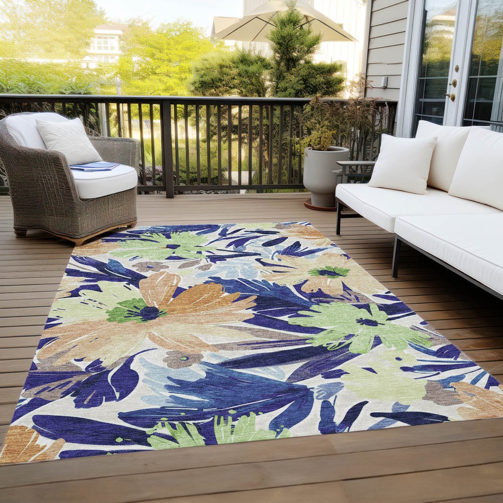8' X 10' Navy Blue And Beige Floral Washable Indoor Outdoor Area Rug