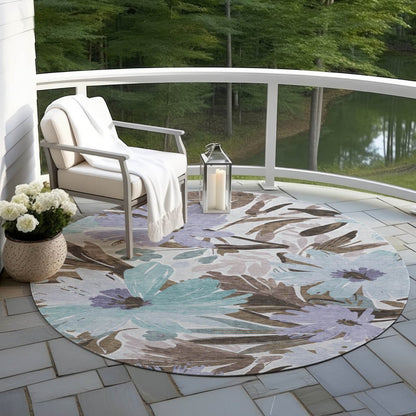 3' X 5' Taupe And Lilac Floral Washable Indoor Outdoor Area Rug