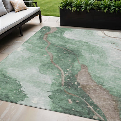 3' X 5' Green And Taupe Abstract Washable Indoor Outdoor Area Rug