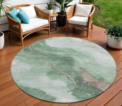 3' X 5' Green And Taupe Abstract Washable Indoor Outdoor Area Rug