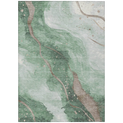 3' X 5' Green And Taupe Abstract Washable Indoor Outdoor Area Rug