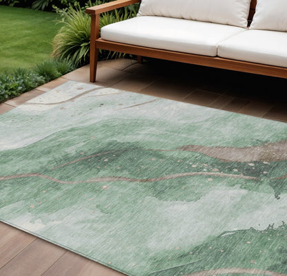 3' X 5' Green And Taupe Abstract Washable Indoor Outdoor Area Rug
