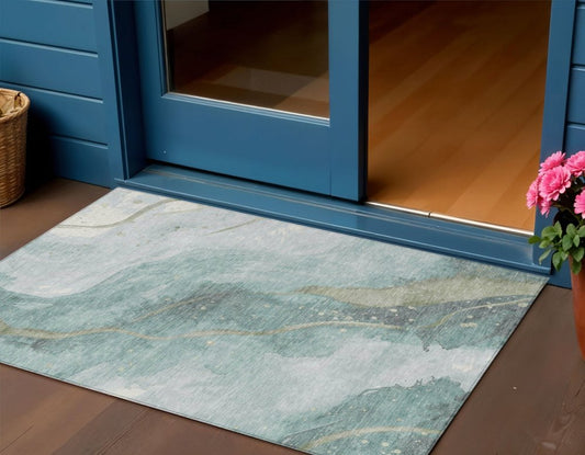 3' X 5' Teal Blue And Aqua Abstract Washable Indoor Outdoor Area Rug