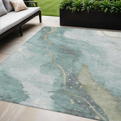3' X 5' Teal Blue And Aqua Abstract Washable Indoor Outdoor Area Rug