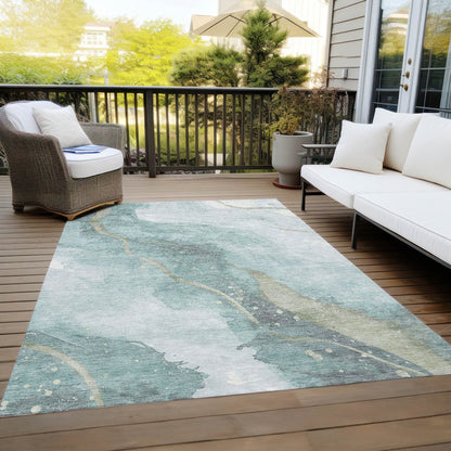 3' X 5' Teal Blue And Aqua Abstract Washable Indoor Outdoor Area Rug