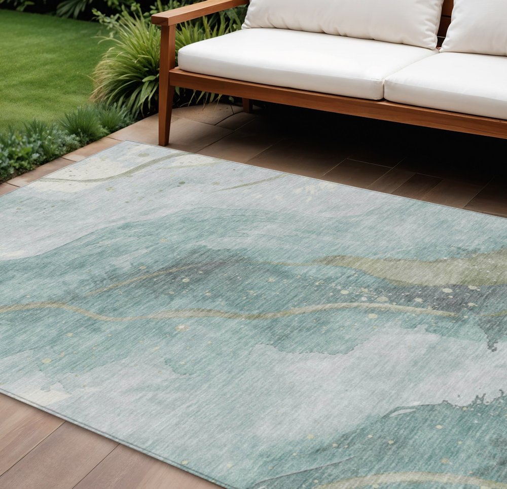 3' X 5' Teal Blue And Aqua Abstract Washable Indoor Outdoor Area Rug