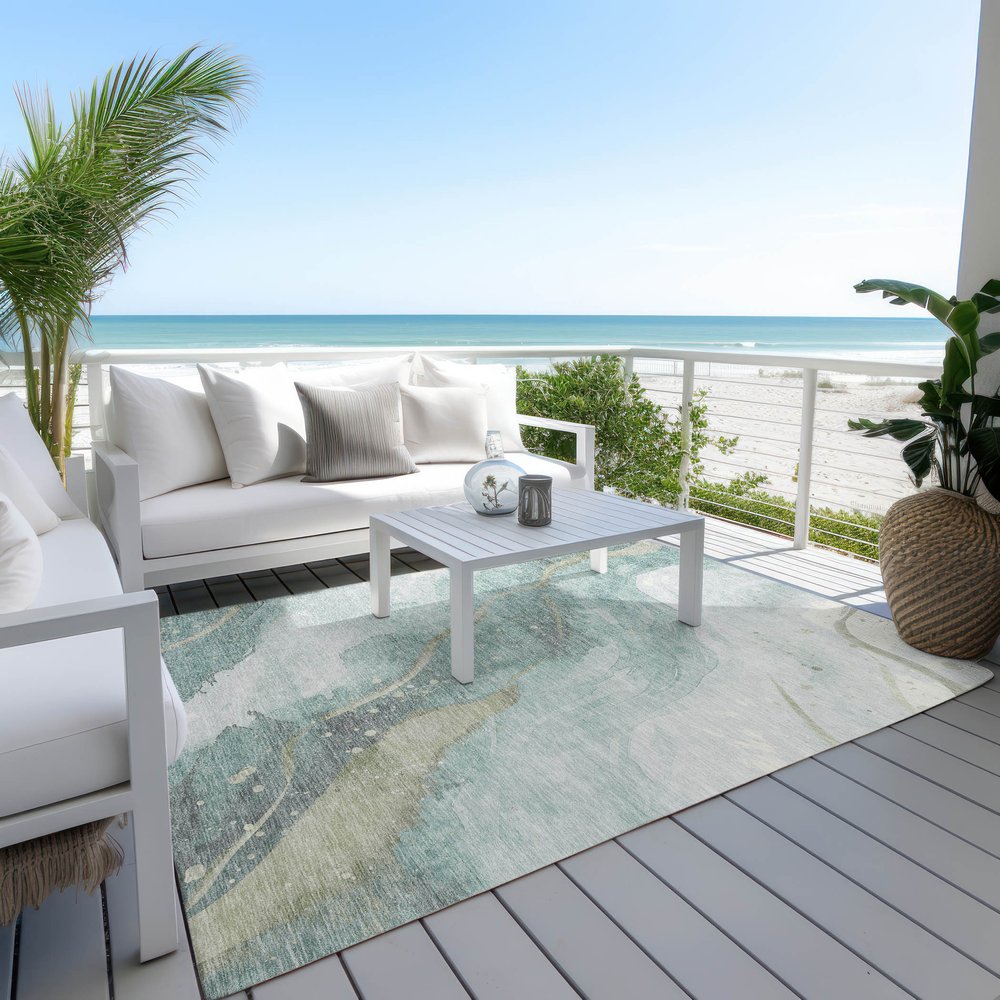 3' X 5' Teal Blue And Aqua Abstract Washable Indoor Outdoor Area Rug