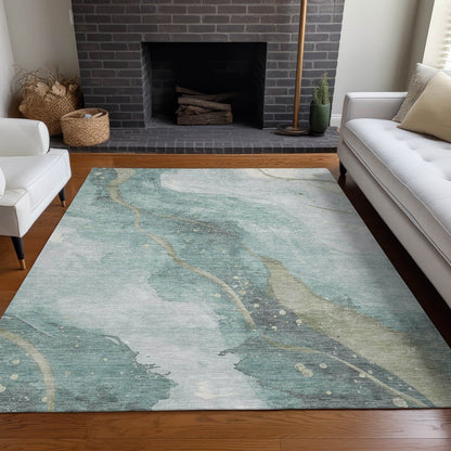 3' X 5' Teal Blue And Aqua Abstract Washable Indoor Outdoor Area Rug