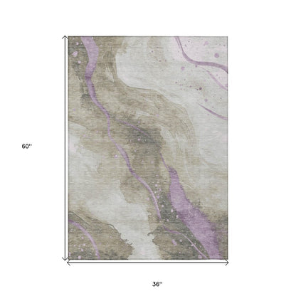 3' X 5' Taupe And Lavender Abstract Washable Indoor Outdoor Area Rug