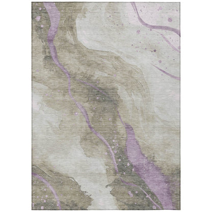 3' X 5' Taupe And Lavender Abstract Washable Indoor Outdoor Area Rug