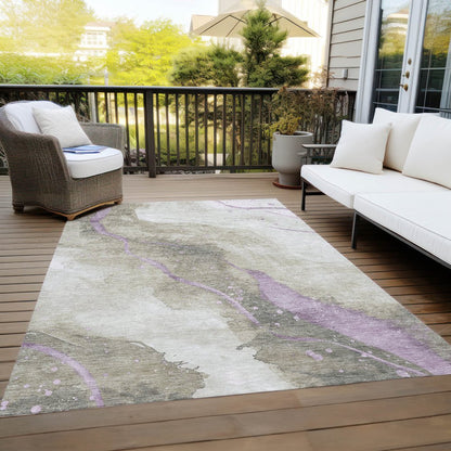 3' X 5' Taupe And Lavender Abstract Washable Indoor Outdoor Area Rug