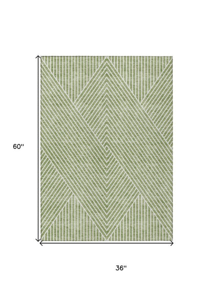 3' X 5' Sage And Ivory Geometric Washable Indoor Outdoor Area Rug