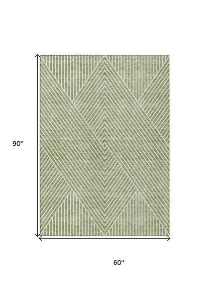 3' X 5' Sage And Ivory Geometric Washable Indoor Outdoor Area Rug