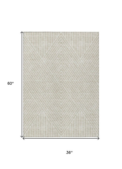 3' X 5' Beige And Ivory Geometric Washable Indoor Outdoor Area Rug