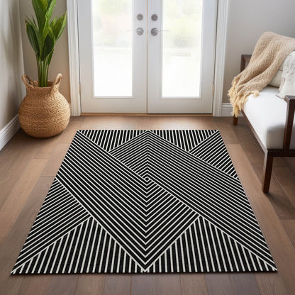 3' X 5' Black And Ivory Geometric Washable Indoor Outdoor Area Rug