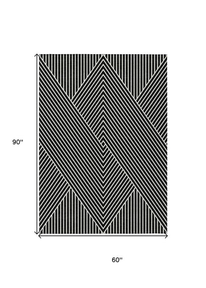 3' X 5' Black And Ivory Geometric Washable Indoor Outdoor Area Rug